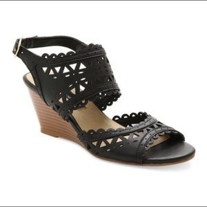 Xoxo Sunday Wedge Sandals Black Laser Cut Heels
